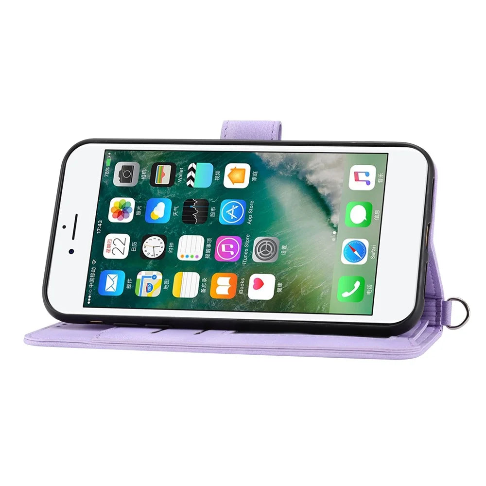 For iPhone 8 / 7 / SE (2020) / SE (2022) Imprinted Flowers Pattern Skin-touch Leather Shell Case Stand Wallet Cover with Wrist Strap and Shoulder Strap - Light Purple - 2