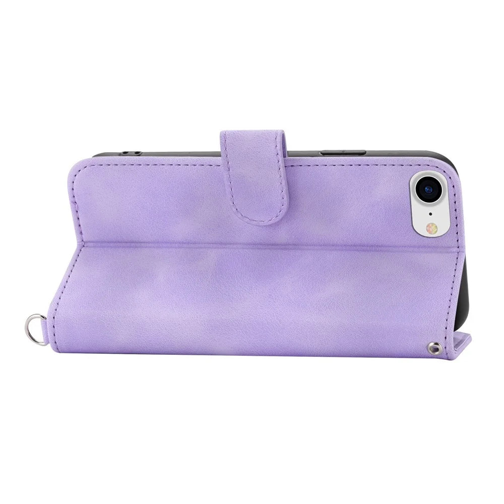 For iPhone 8 / 7 / SE (2020) / SE (2022) Imprinted Flowers Pattern Skin-touch Leather Shell Case Stand Wallet Cover with Wrist Strap and Shoulder Strap - Light Purple - 3
