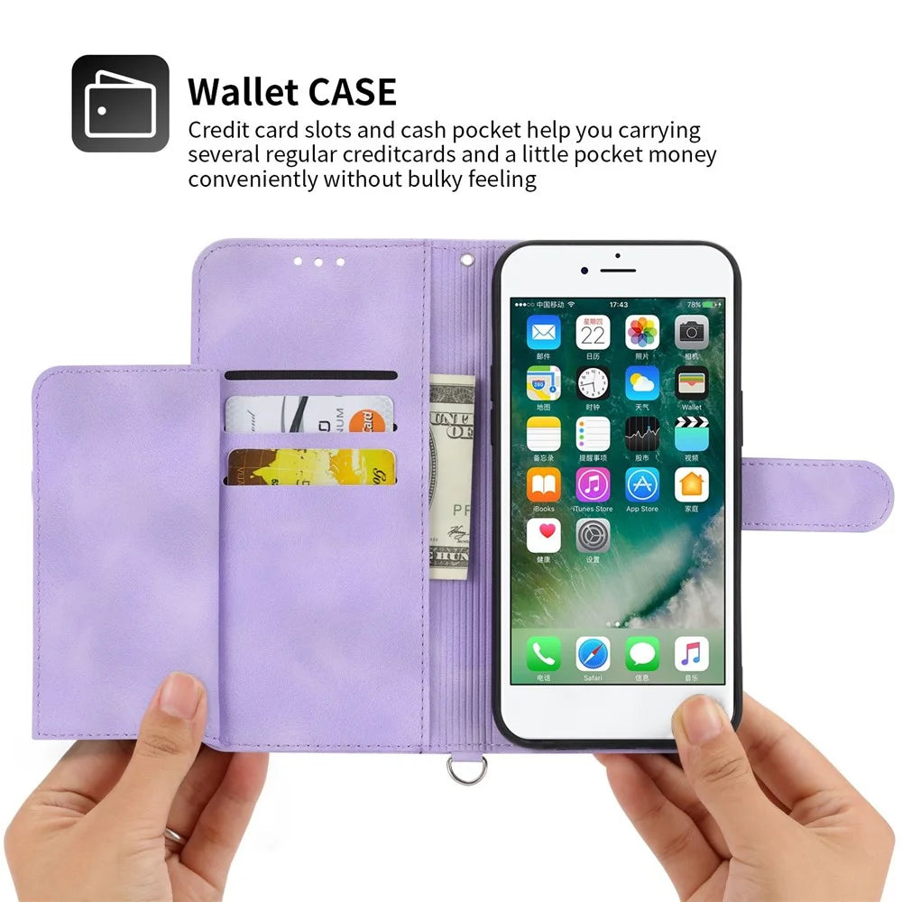 For iPhone 8 / 7 / SE (2020) / SE (2022) Imprinted Flowers Pattern Skin-touch Leather Shell Case Stand Wallet Cover with Wrist Strap and Shoulder Strap - Light Purple - 4