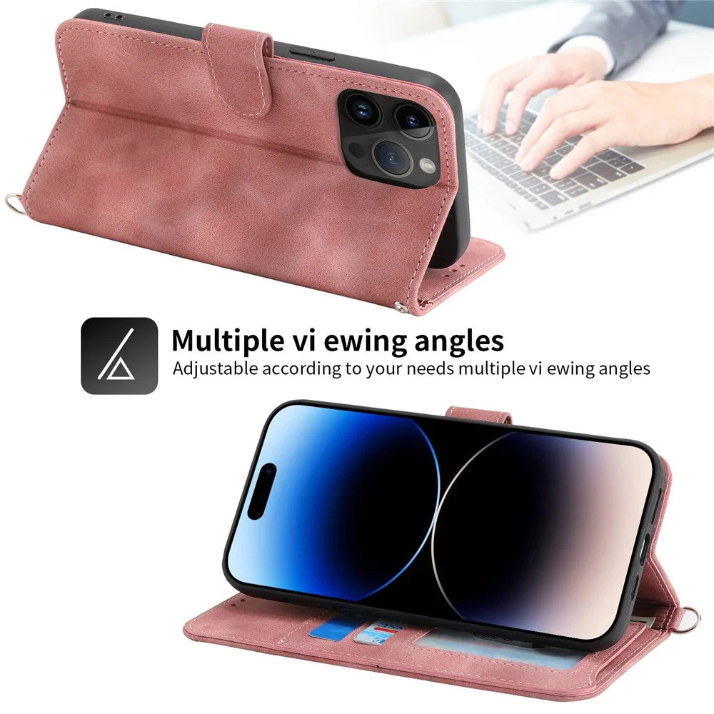 For iPhone 14 Pro Imprinted Flowers PU Leather Phone Case Stand Magnetic Clasp Shockproof Skin-touch Cover with Wrist Strap and Shoulder Strap - Pink - 2