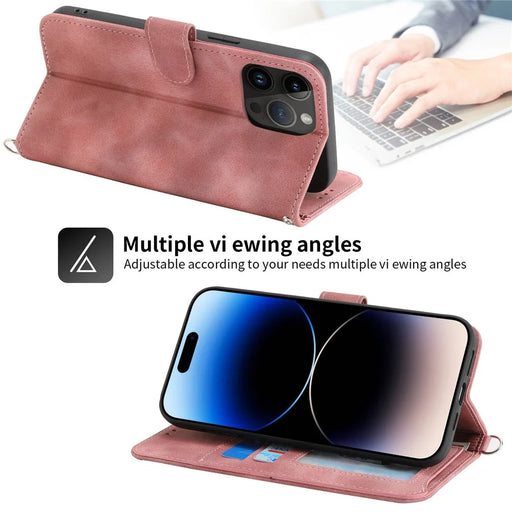 For iPhone 14 Pro Imprinted Flowers PU Leather Phone Case Stand Magnetic Clasp Shockproof Skin-touch Cover with Wrist Strap and Shoulder Strap - Pink - 2