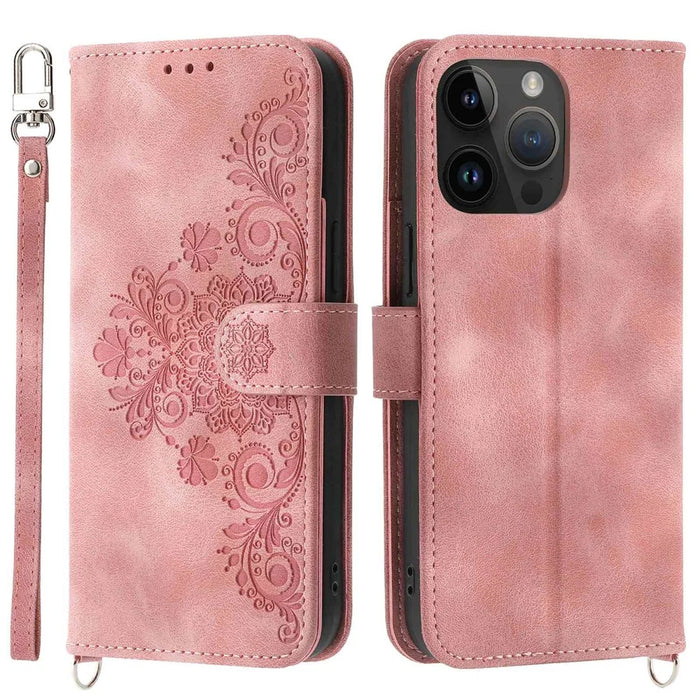 Skin-touch Imprinted Flowers Pattern Leather Case for iPhone 14 Pro Max, Stand Wallet Multiple Card Slots Phone Cover with Wrist Strap and Shoulder Strap - Pink - 1
