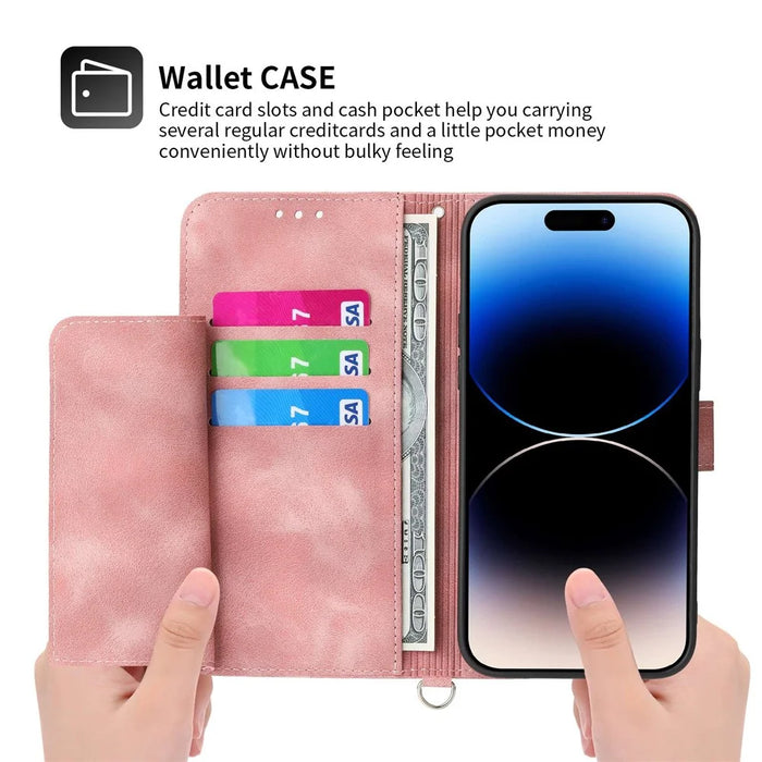 Skin-touch Imprinted Flowers Pattern Leather Case for iPhone 14 Pro Max, Stand Wallet Multiple Card Slots Phone Cover with Wrist Strap and Shoulder Strap - Pink - 3