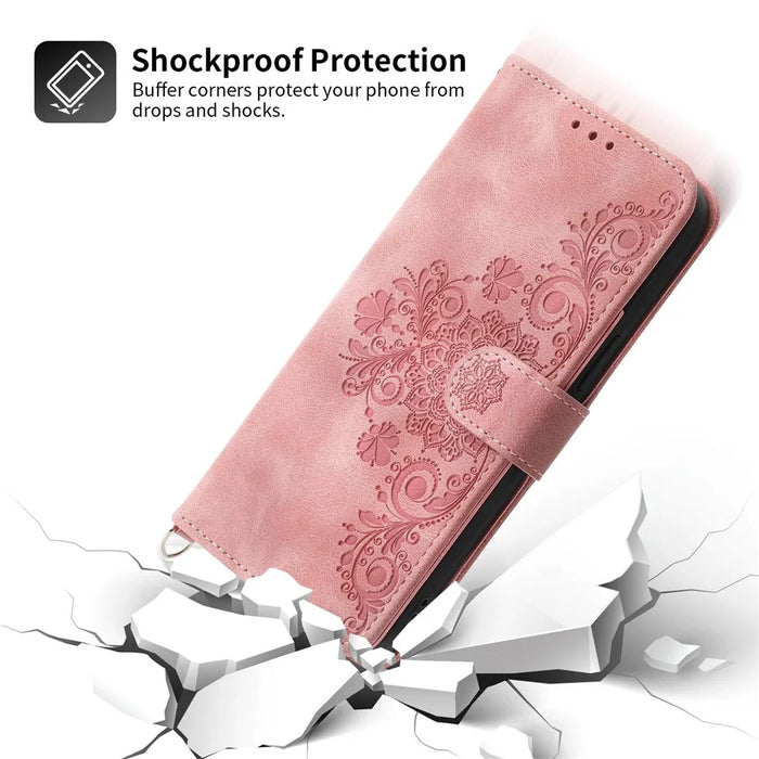 Skin-touch Imprinted Flowers Pattern Leather Case for iPhone 14 Pro Max, Stand Wallet Multiple Card Slots Phone Cover with Wrist Strap and Shoulder Strap - Pink - 7