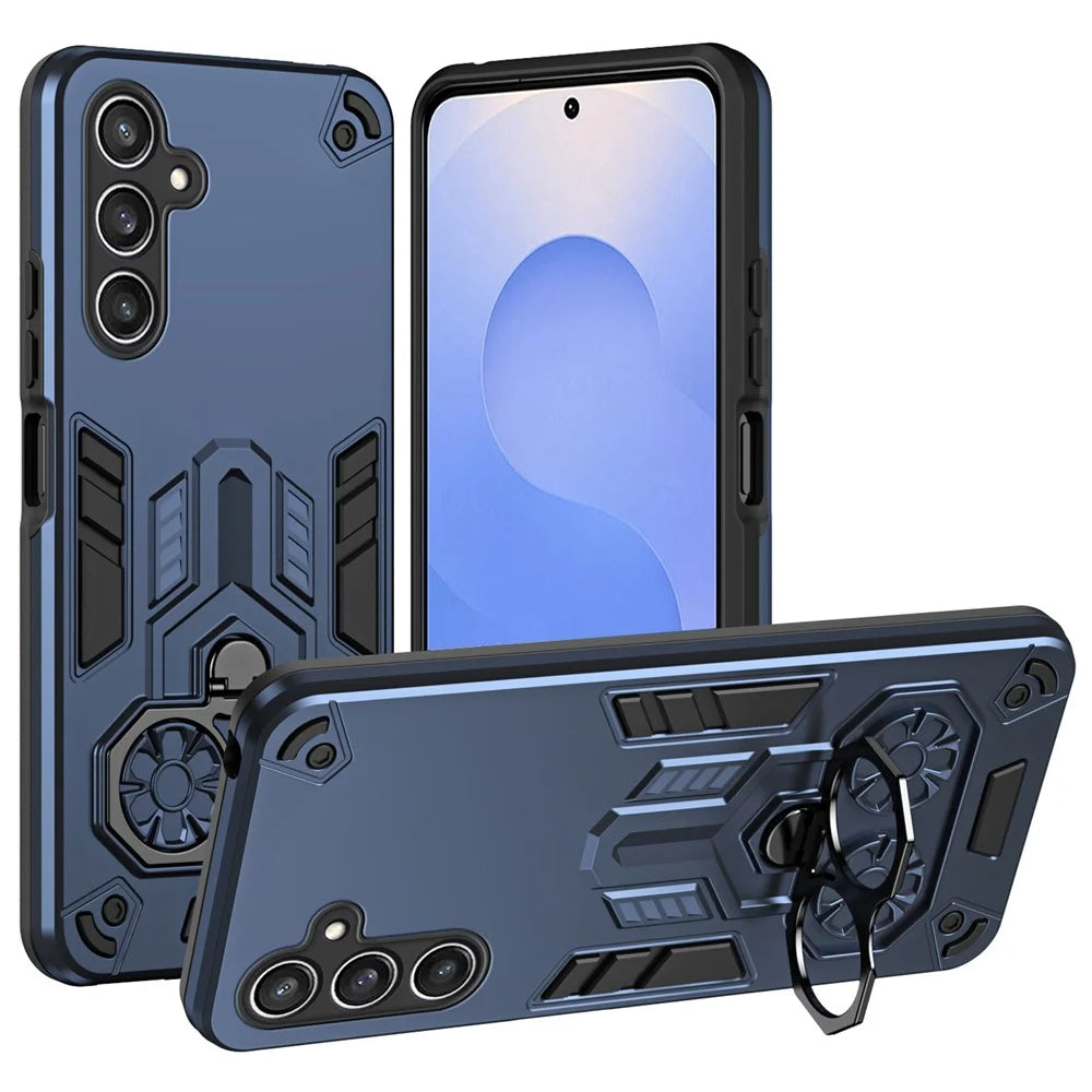 For Samsung Galaxy S25 Case Ring Holder Kickstand PC + TPU Shockproof Phone Cover - Navy Blue - 1