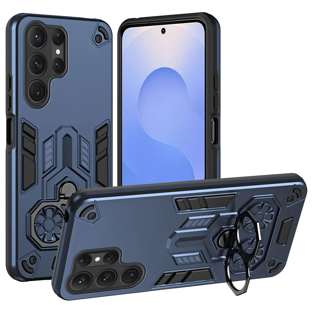 For Samsung Galaxy S25 Ultra Case Ring Holder Kickstand PC + TPU Shockproof Phone Cover - Navy Blue - 1