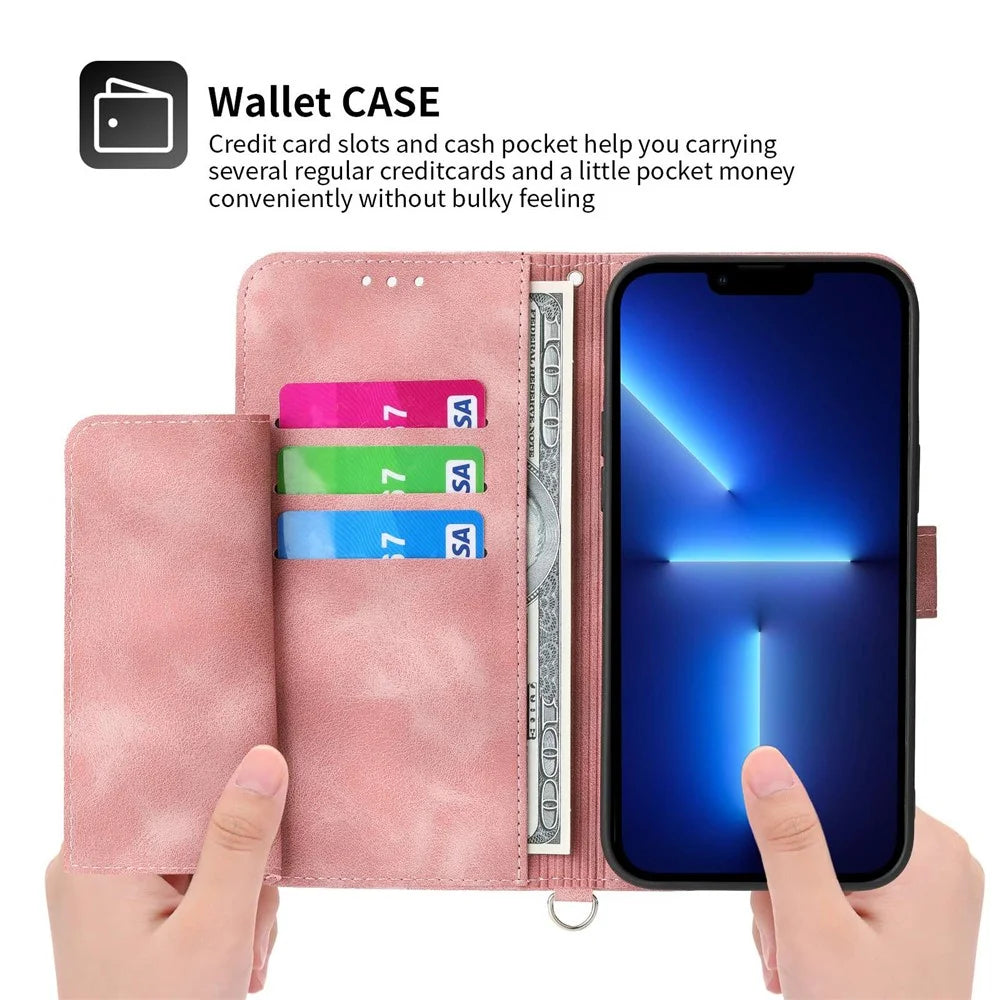 For iPhone 13 Pro 6.1 inch Phone Pouch Bag Skin-touch Imprinted Flowers Leather Phone Wallet Case Phone Stand Cover with Wrist Strap and Shoulder Strap - Pink - 3