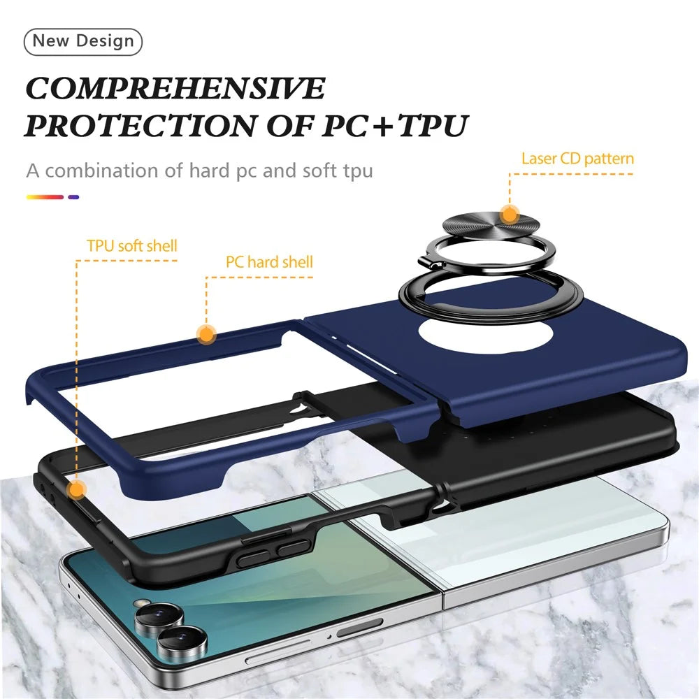 For Samsung Galaxy Z Flip7 5G Case PC + TPU Phone Cover with Rotatable Ring Holder - Blue - 7