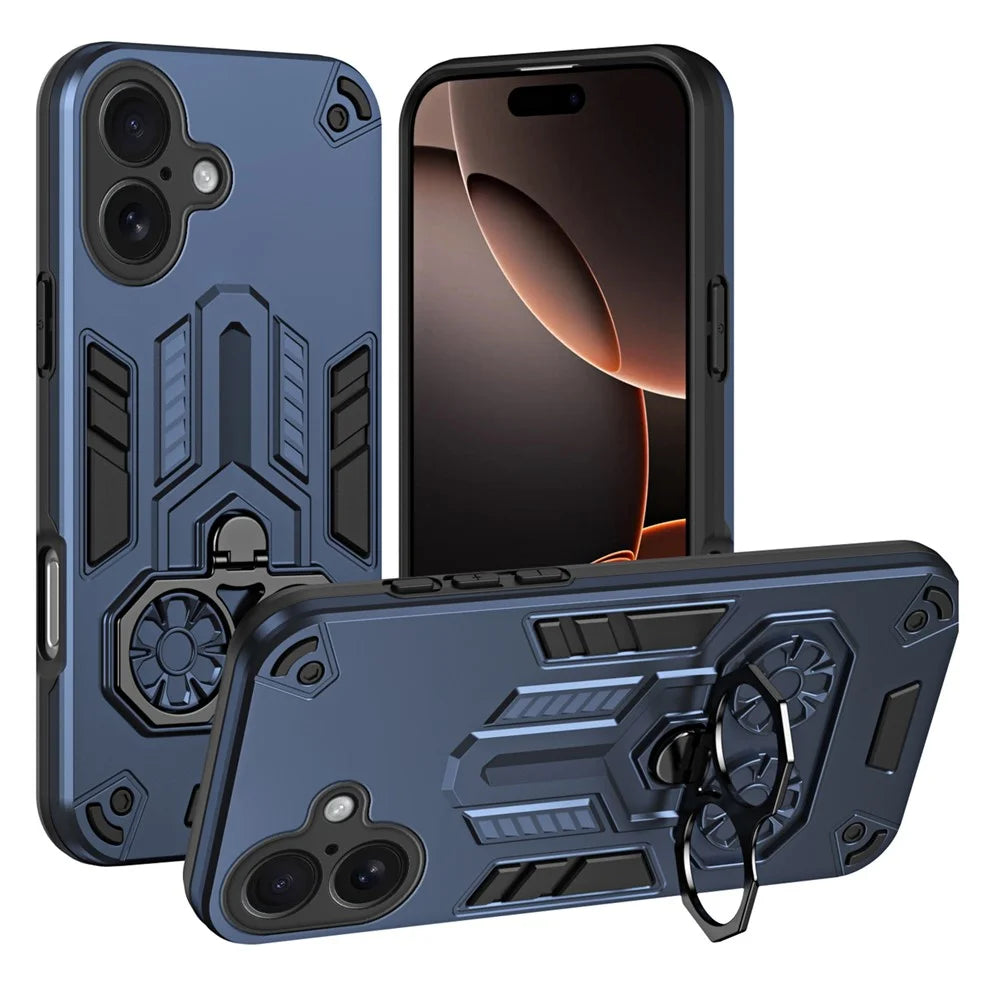 For iPhone 17 Case Ring Holder Kickstand PC + TPU Shockproof Phone Cover - Navy Blue - 1