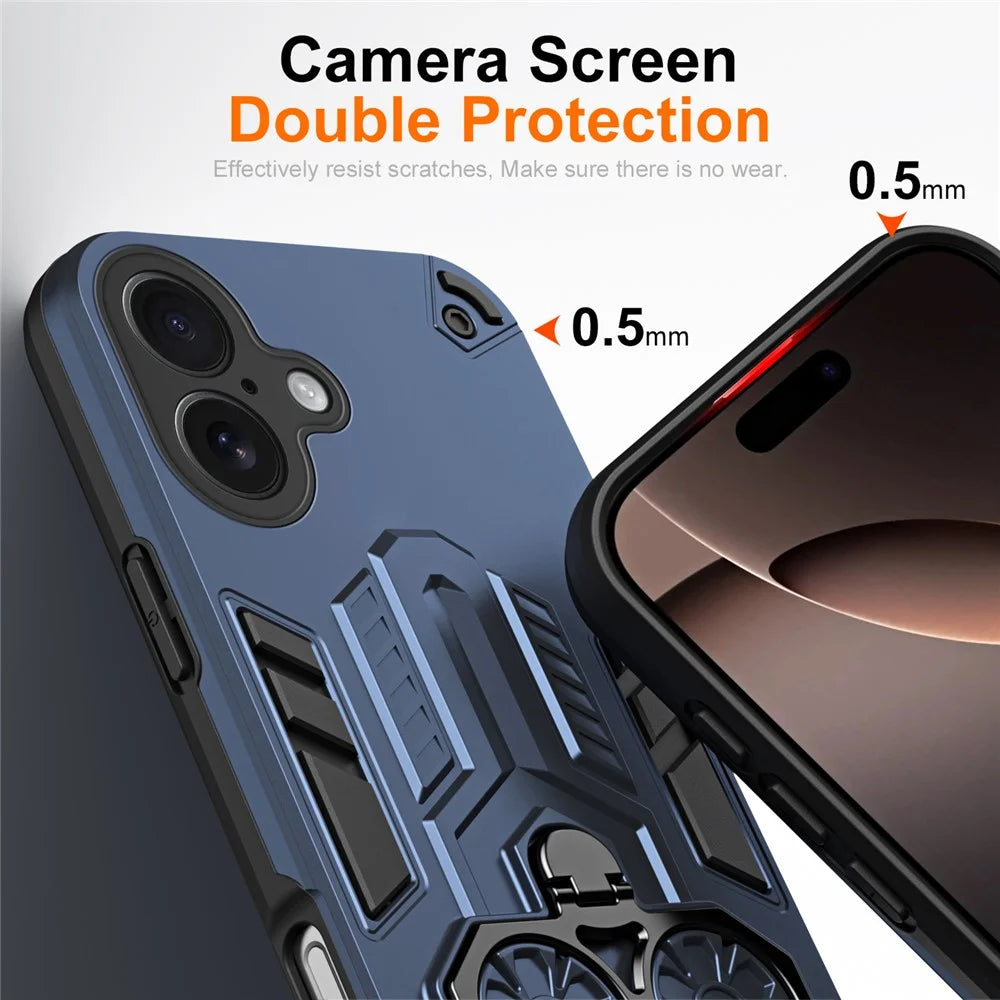 For iPhone 17 Case Ring Holder Kickstand PC + TPU Shockproof Phone Cover - Navy Blue - 3