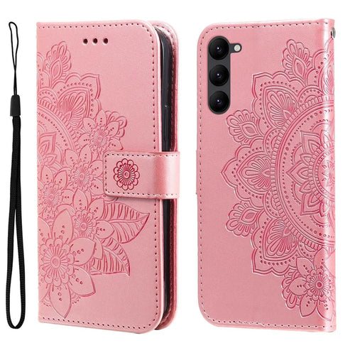 For Samsung Galaxy S23 Case Floral Pattern PU Leather Wallet Stand Phone Cover - Rose Gold - 1
