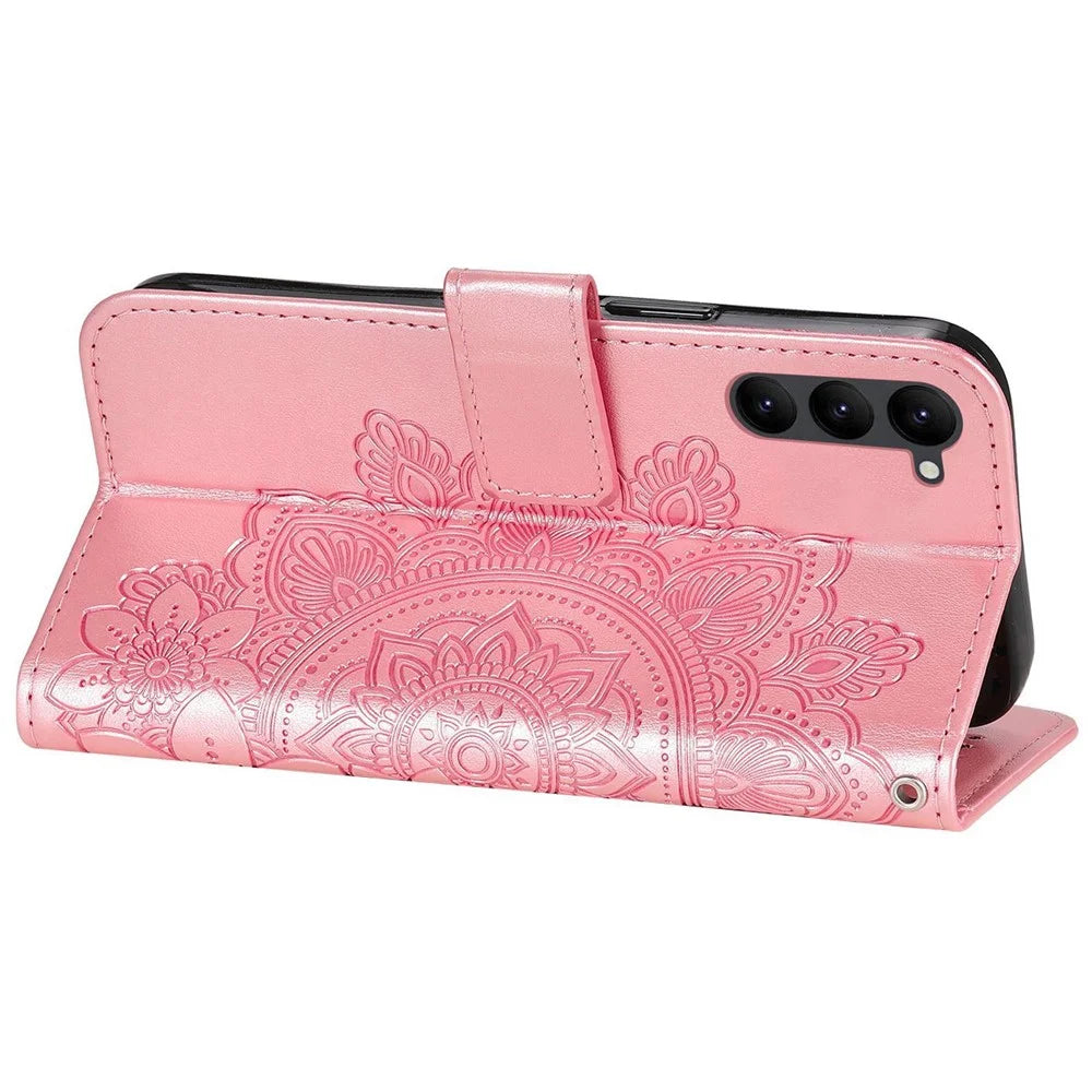 For Samsung Galaxy S23 Case Floral Pattern PU Leather Wallet Stand Phone Cover - Rose Gold - 3