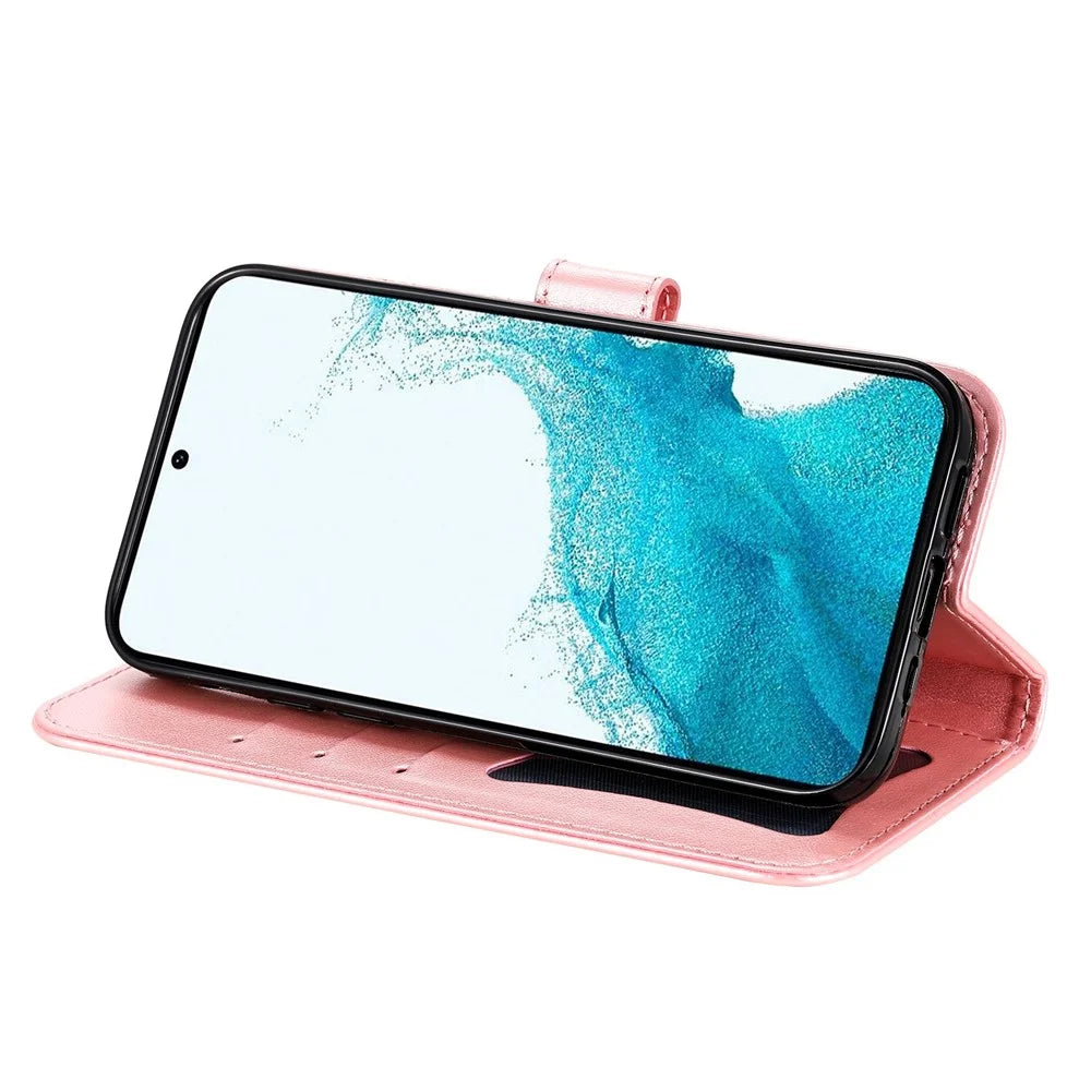 For Samsung Galaxy S23 Case Floral Pattern PU Leather Wallet Stand Phone Cover - Rose Gold - 4