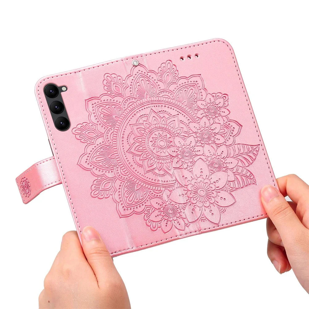 For Samsung Galaxy S23 Case Floral Pattern PU Leather Wallet Stand Phone Cover - Rose Gold - 5