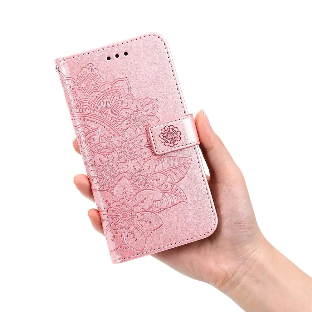 For Samsung Galaxy S23 Case Floral Pattern PU Leather Wallet Stand Phone Cover - Rose Gold - 6