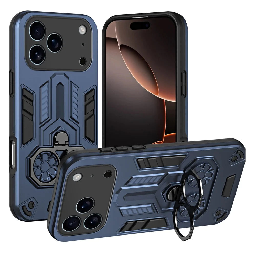 For iPhone 17 Pro Case Ring Holder Kickstand PC + TPU Shockproof Phone Cover - Navy Blue - 1