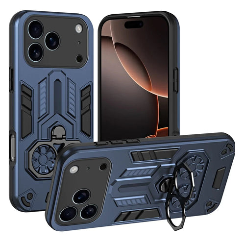 For iPhone 17 Pro Case Ring Holder Kickstand PC + TPU Shockproof Phone Cover - Navy Blue - 1