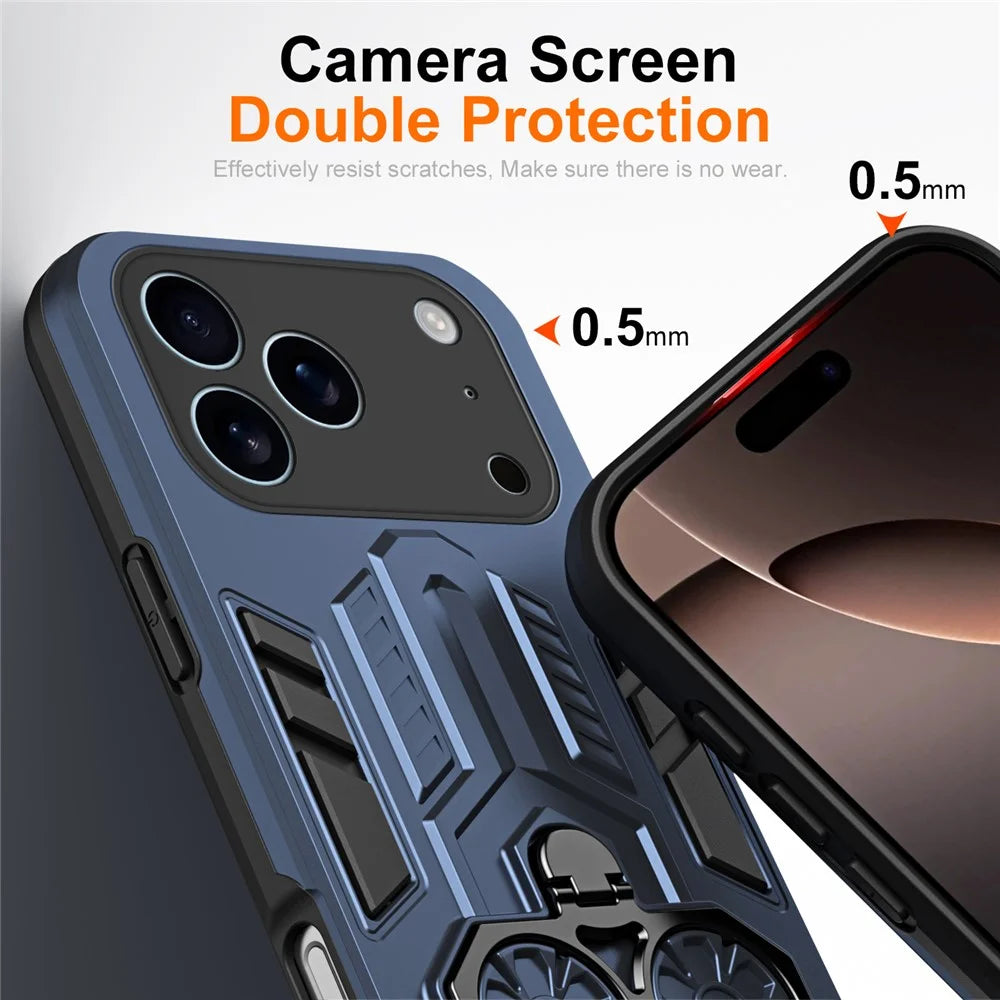 For iPhone 17 Pro Case Ring Holder Kickstand PC + TPU Shockproof Phone Cover - Navy Blue - 3