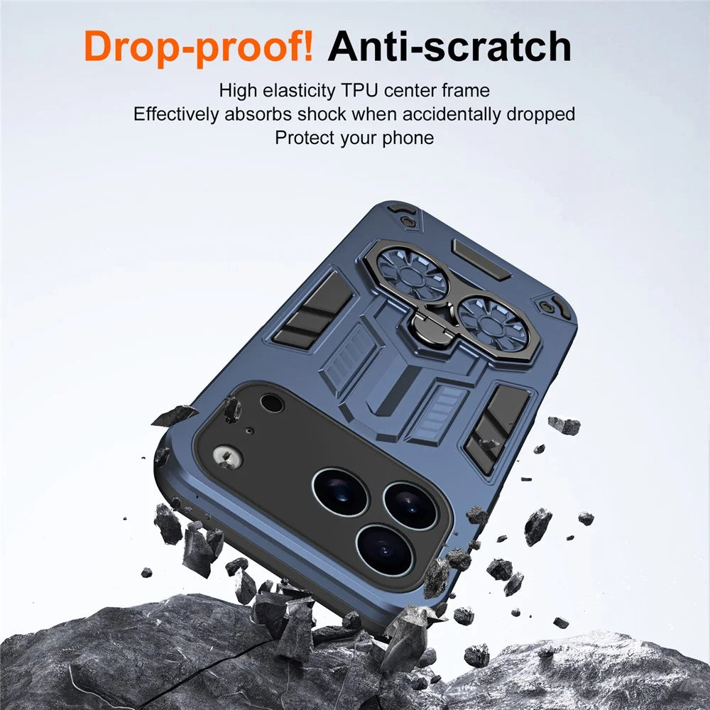 For iPhone 17 Pro Case Ring Holder Kickstand PC + TPU Shockproof Phone Cover - Navy Blue - 7