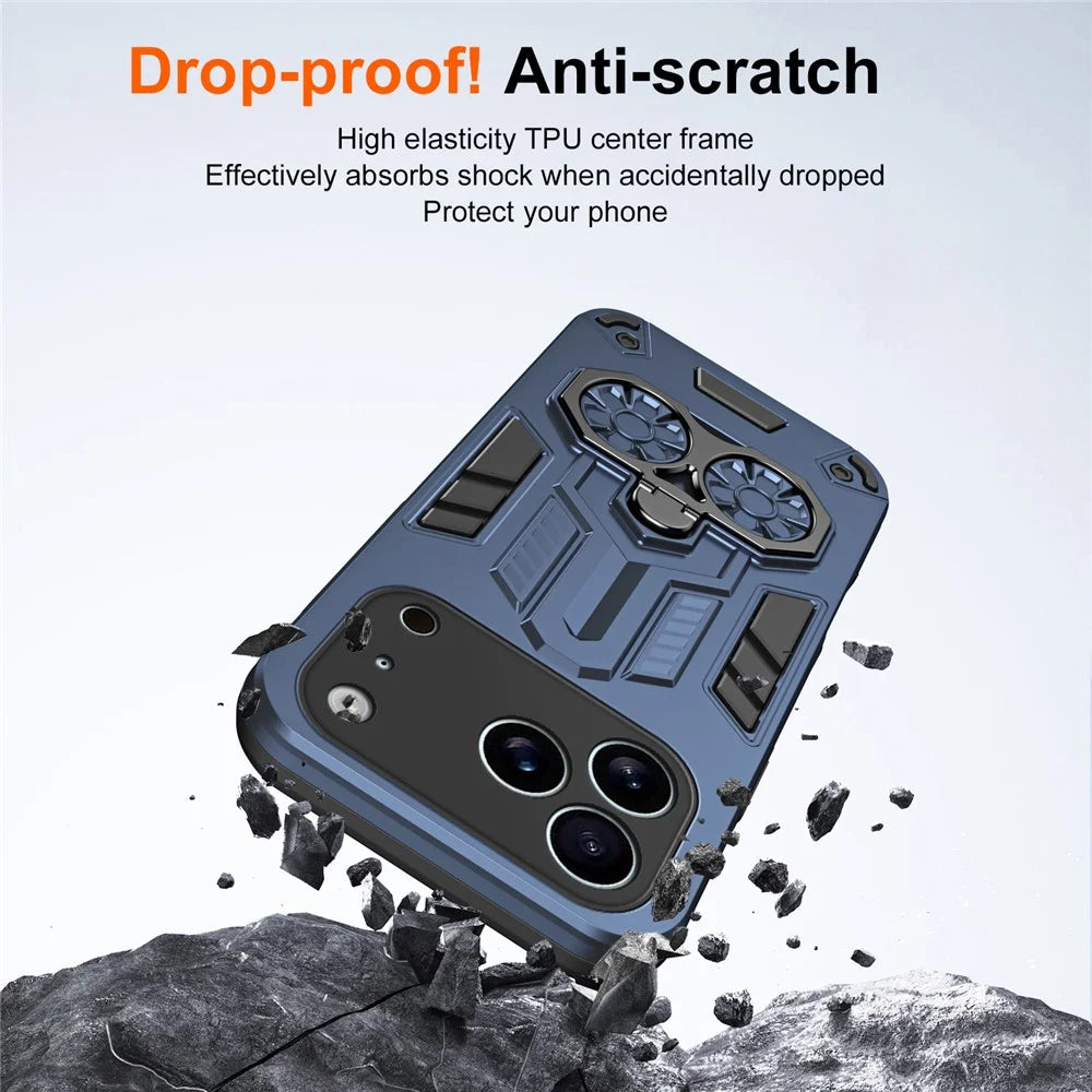 For iPhone 17 Pro Max Case Ring Holder Kickstand PC + TPU Shockproof Phone Cover - Navy Blue - 7