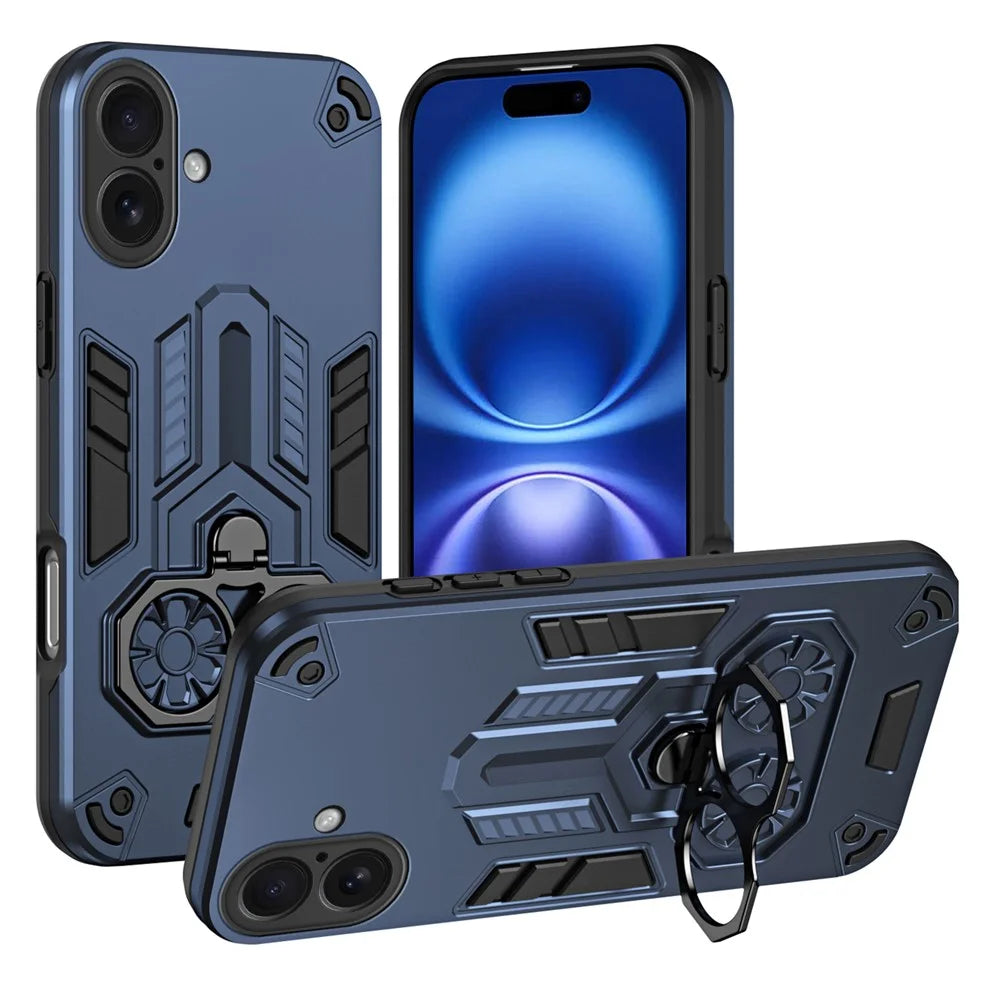For iPhone 16 Case Ring Holder Kickstand PC + TPU Shockproof Phone Cover - Navy Blue - 1