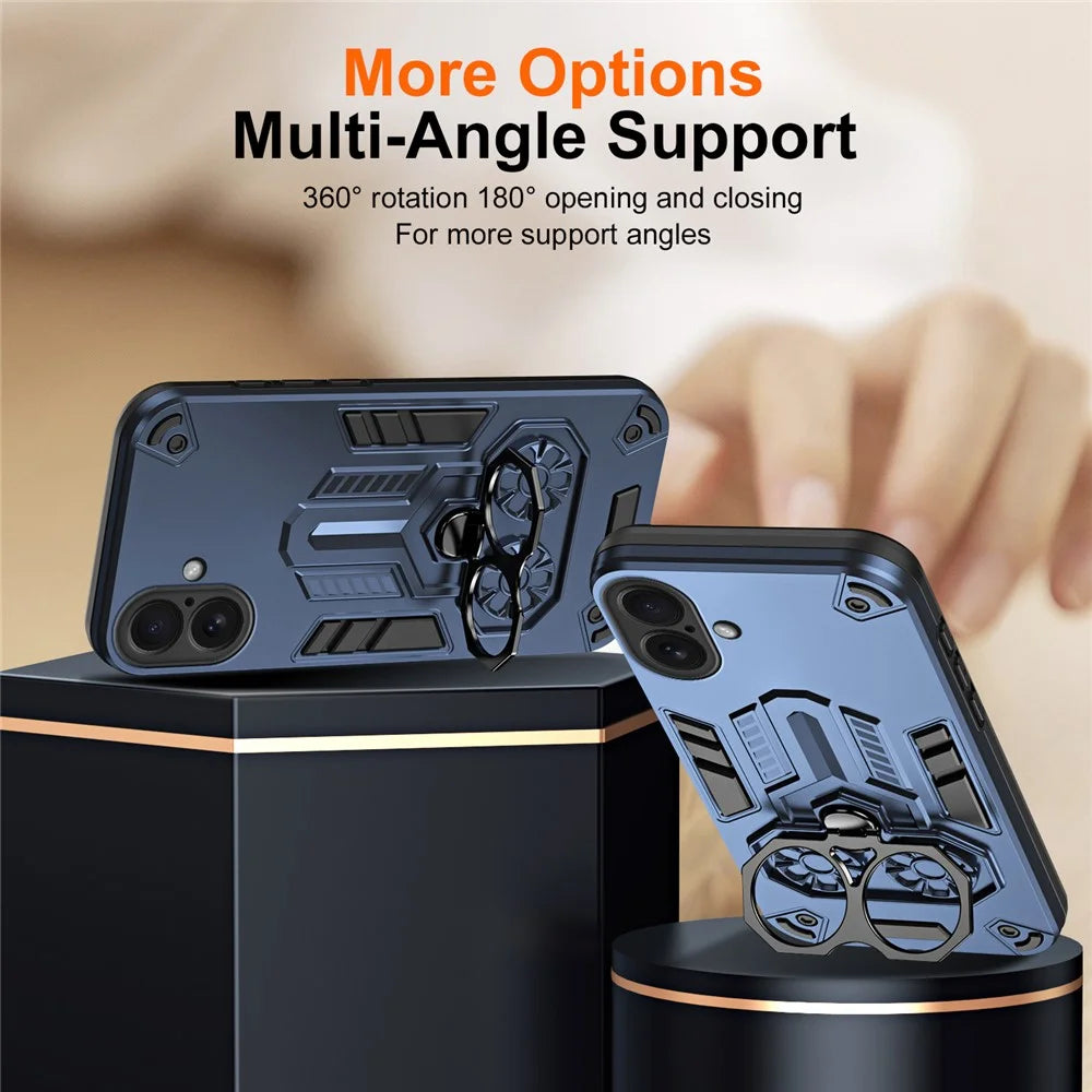For iPhone 16 Case Ring Holder Kickstand PC + TPU Shockproof Phone Cover - Navy Blue - 4