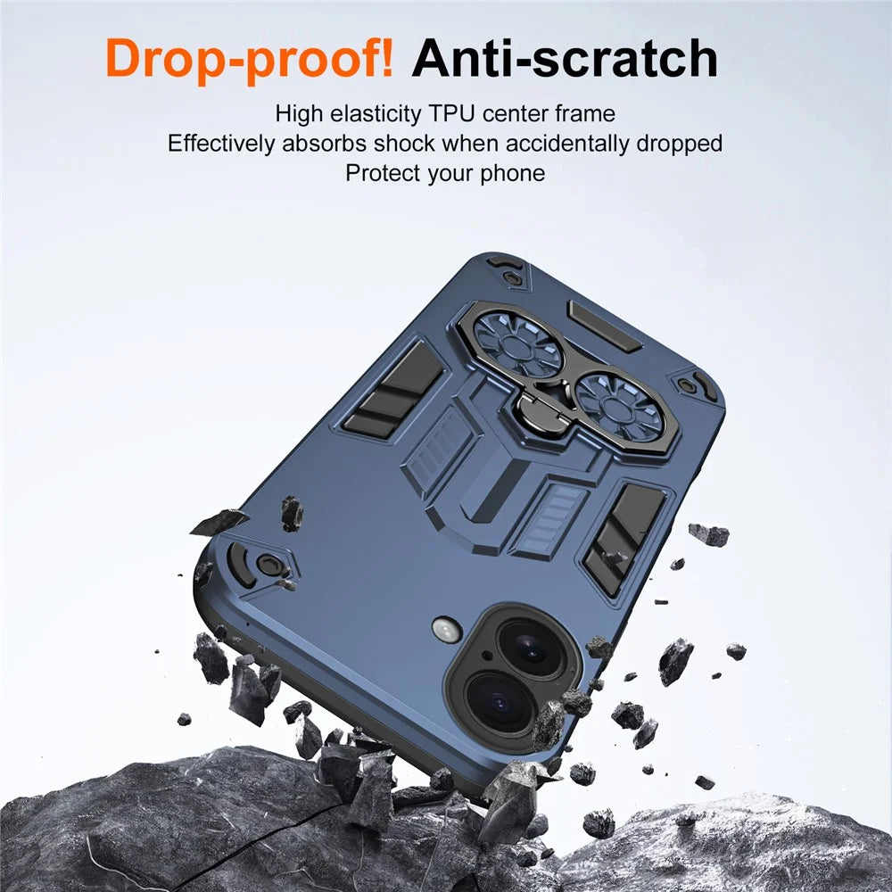 For iPhone 16 Case Ring Holder Kickstand PC + TPU Shockproof Phone Cover - Navy Blue - 7