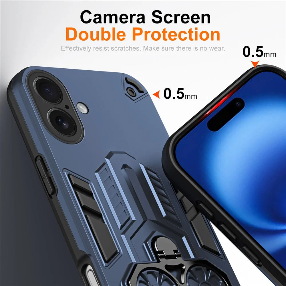 For iPhone 16 Plus Case Ring Holder Kickstand PC + TPU Shockproof Phone Cover - Navy Blue - 3
