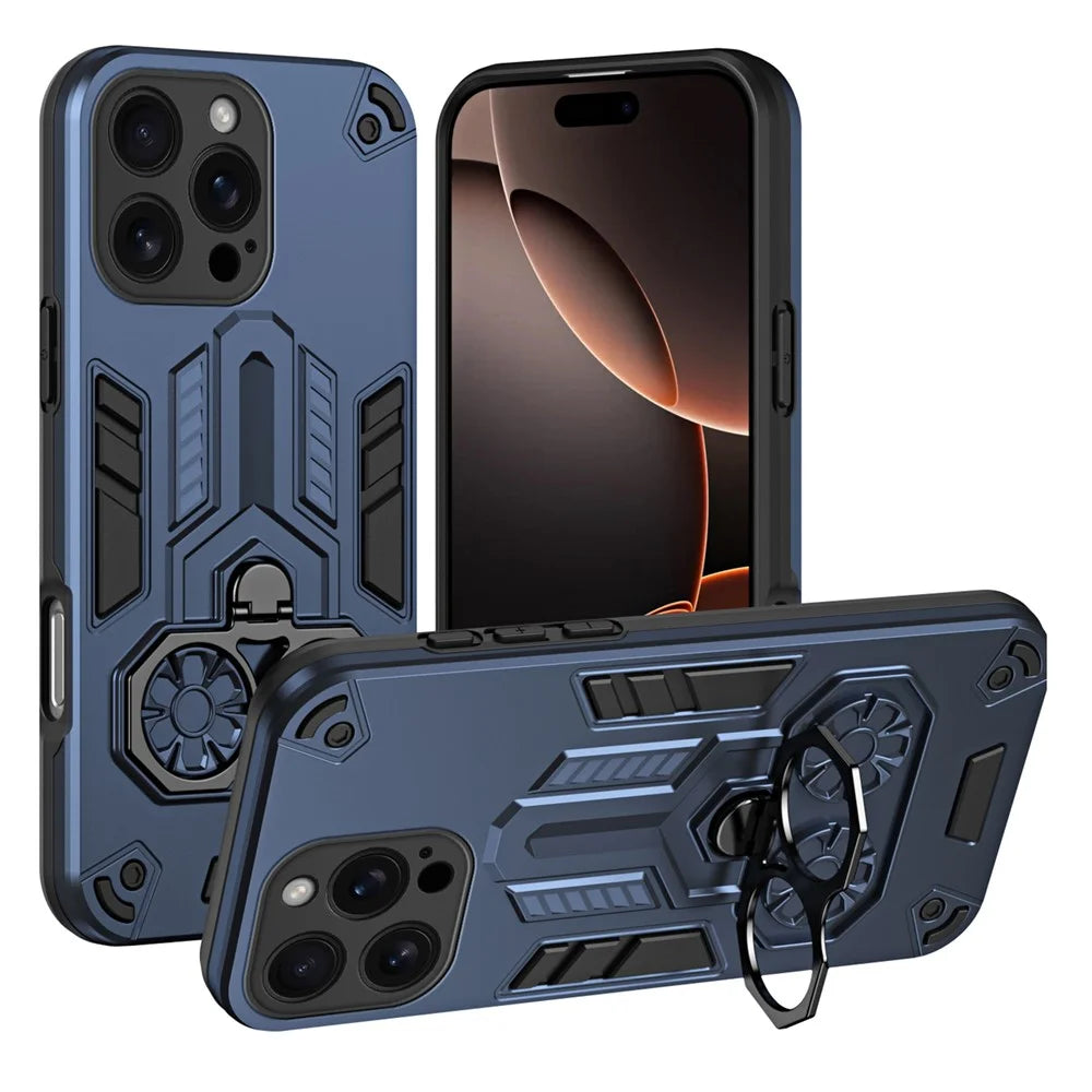 For iPhone 16 Pro Max Case Ring Holder Kickstand PC + TPU Shockproof Phone Cover - Navy Blue - 1