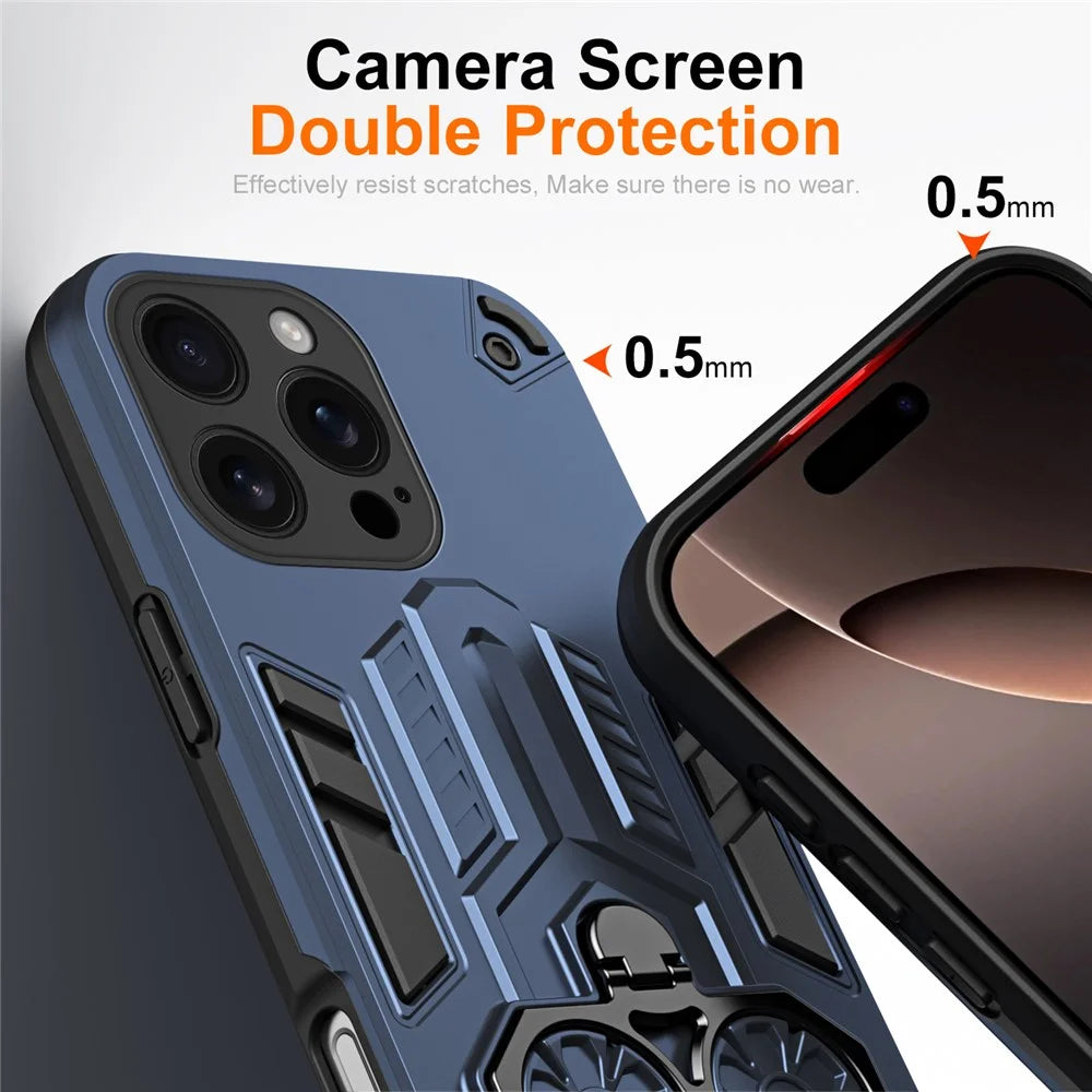 For iPhone 16 Pro Max Case Ring Holder Kickstand PC + TPU Shockproof Phone Cover - Navy Blue - 3