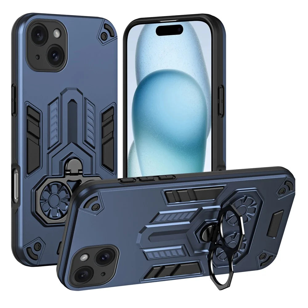 For iPhone 15 Case Ring Holder Kickstand PC + TPU Shockproof Phone Cover - Navy Blue - 1