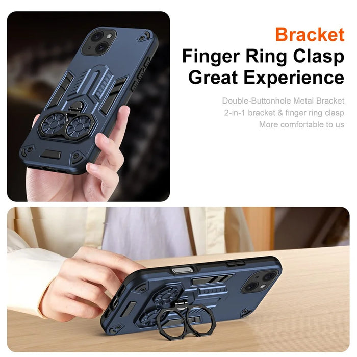 For iPhone 15 Case Ring Holder Kickstand PC + TPU Shockproof Phone Cover - Navy Blue - 2