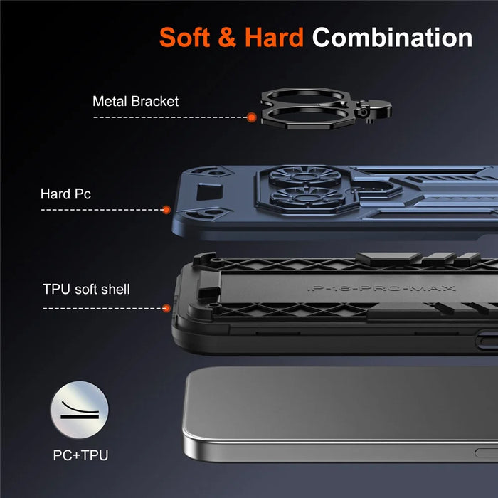 For iPhone 15 Case Ring Holder Kickstand PC + TPU Shockproof Phone Cover - Navy Blue - 6