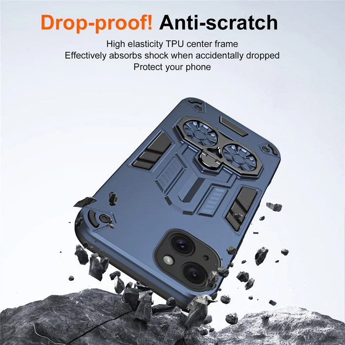 For iPhone 15 Case Ring Holder Kickstand PC + TPU Shockproof Phone Cover - Navy Blue - 7