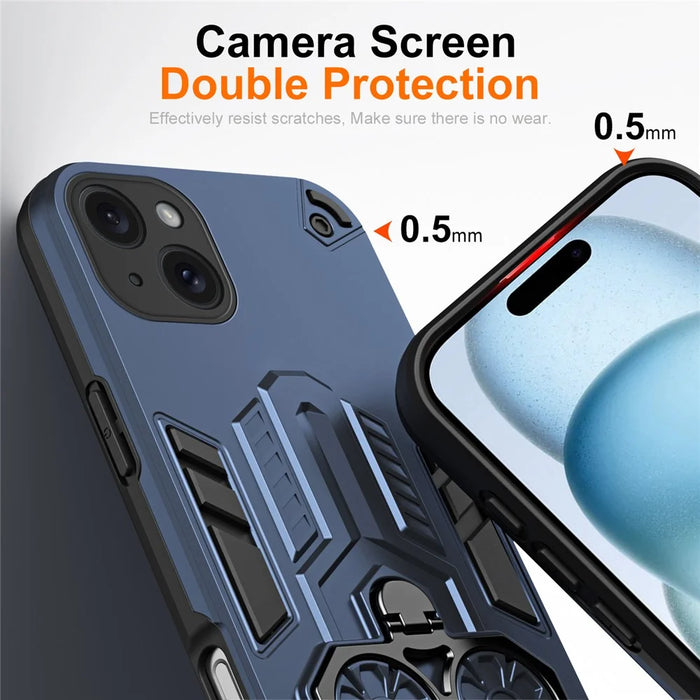 For iPhone 15 Plus Case Ring Holder Kickstand PC + TPU Shockproof Phone Cover - Navy Blue - 3