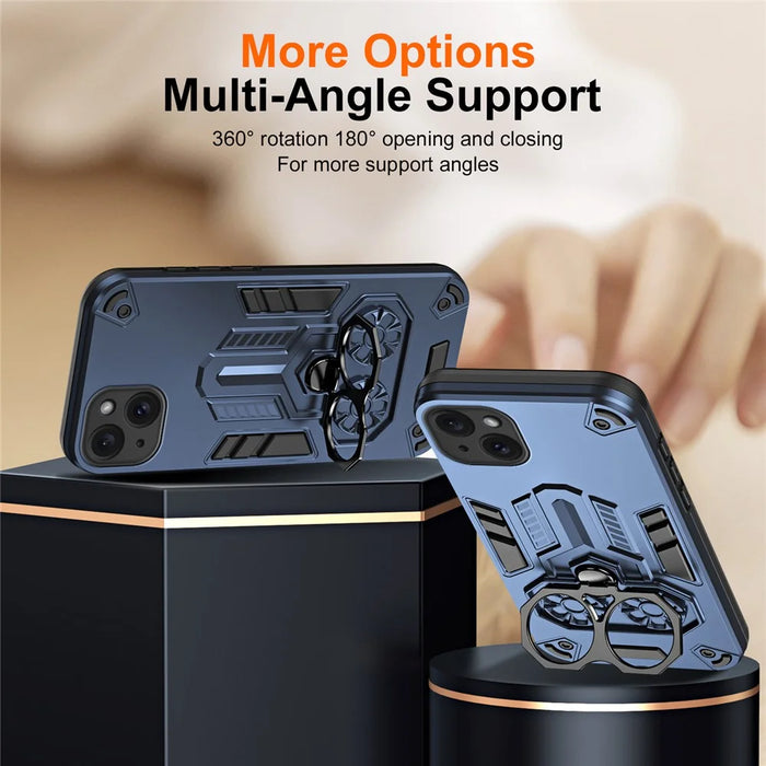 For iPhone 15 Plus Case Ring Holder Kickstand PC + TPU Shockproof Phone Cover - Navy Blue - 4