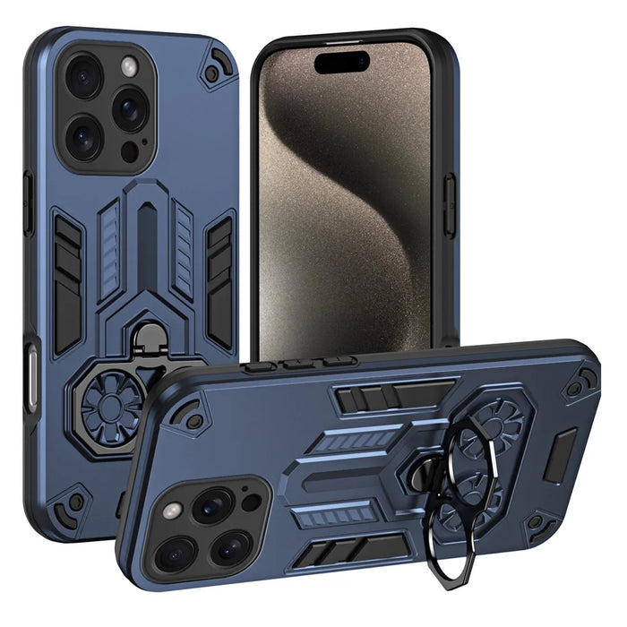 For iPhone 15 Pro Max Case Ring Holder Kickstand PC + TPU Shockproof Phone Cover - Navy Blue - 1