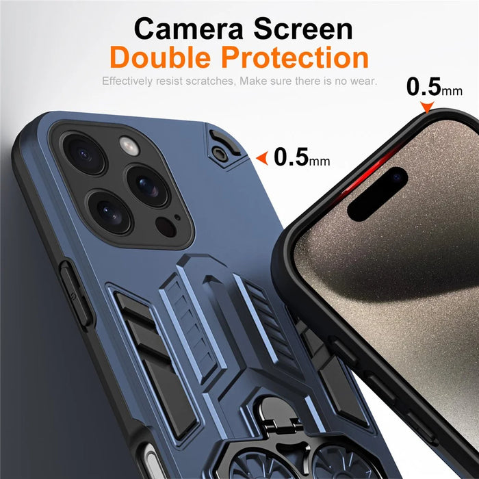 For iPhone 15 Pro Max Case Ring Holder Kickstand PC + TPU Shockproof Phone Cover - Navy Blue - 3