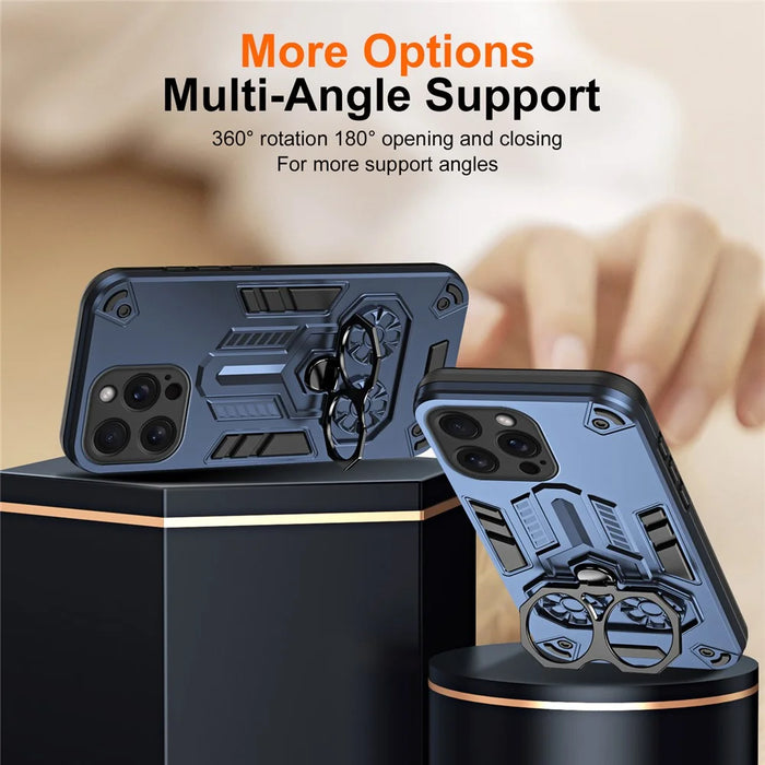 For iPhone 15 Pro Max Case Ring Holder Kickstand PC + TPU Shockproof Phone Cover - Navy Blue - 4