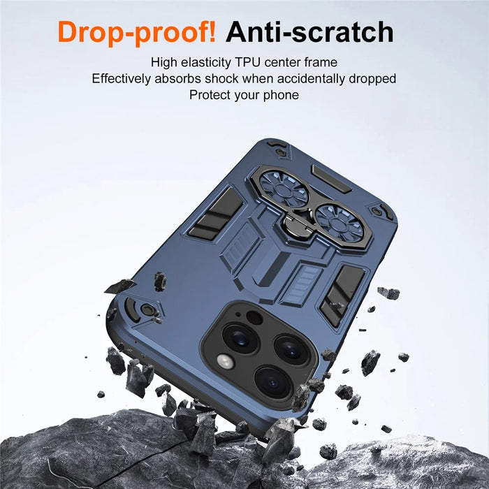For iPhone 15 Pro Max Case Ring Holder Kickstand PC + TPU Shockproof Phone Cover - Navy Blue - 7