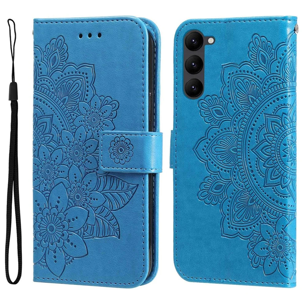 For Samsung Galaxy S23+ Case Floral Pattern PU Leather Wallet Stand Phone Cover - Blue - 1