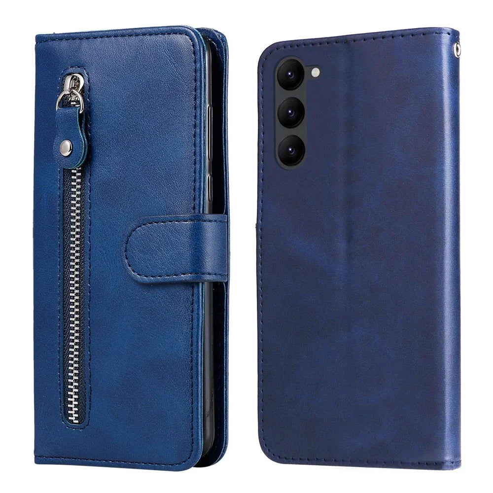 For Samsung Galaxy S23 PU Leather Zipper Pocket Shockproof Phone Case Calf Texture Wallet Stand Protective Phone Cover - Blue - 1