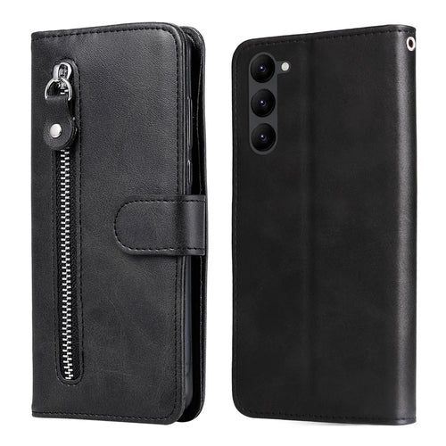 Calf Texture Phone Case For Samsung Galaxy S23+, PU Leather Zipper Pocket Flip Wallet Cover with Foldable Stand - Black - 1
