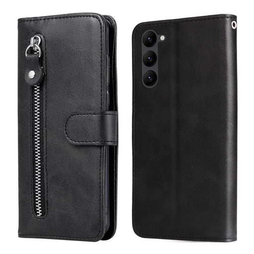 Calf Texture Phone Case For Samsung Galaxy S23+, PU Leather Zipper Pocket Flip Wallet Cover with Foldable Stand - Black - 1