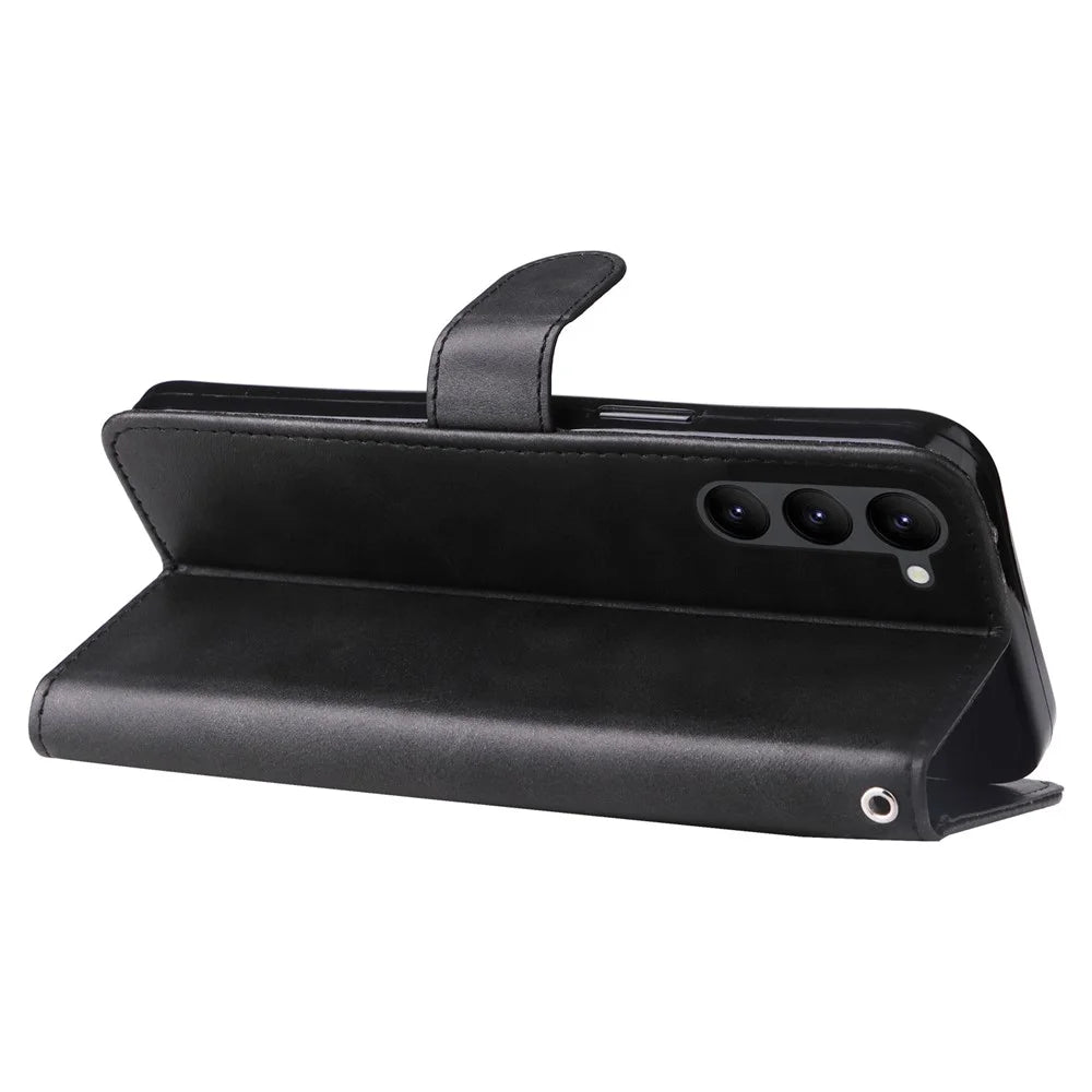 Calf Texture Phone Case For Samsung Galaxy S23+, PU Leather Zipper Pocket Flip Wallet Cover with Foldable Stand - Black - 3