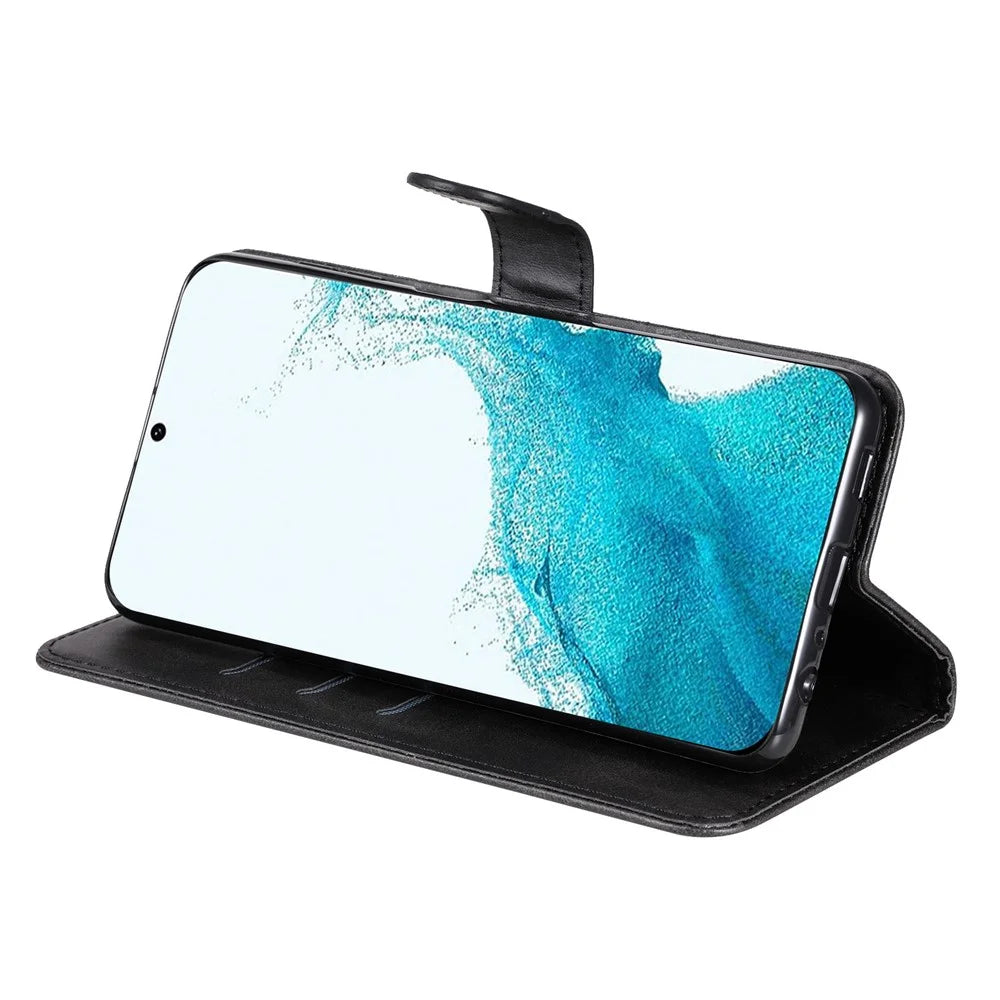 Calf Texture Phone Case For Samsung Galaxy S23+, PU Leather Zipper Pocket Flip Wallet Cover with Foldable Stand - Black - 4