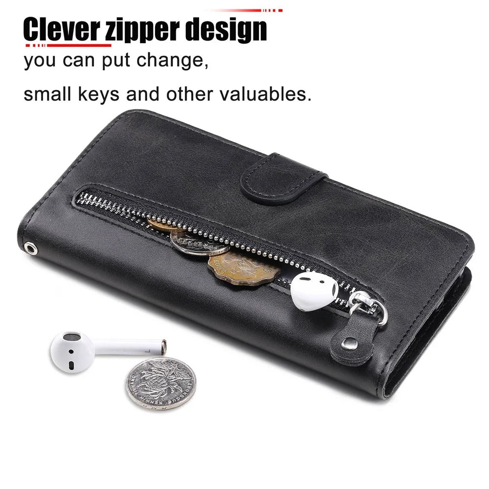 Calf Texture Phone Case For Samsung Galaxy S23+, PU Leather Zipper Pocket Flip Wallet Cover with Foldable Stand - Black - 6