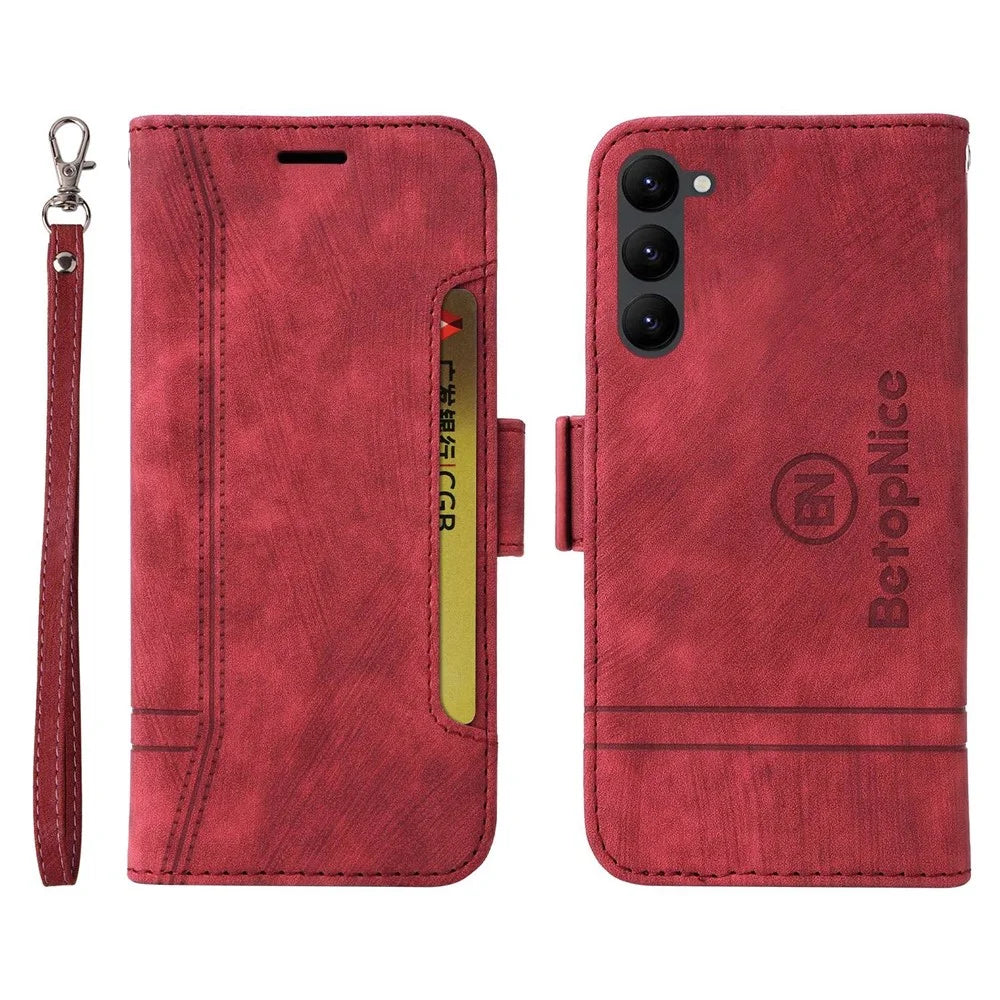 BETOPNICE 001 For Samsung Galaxy S23 PU Leather Phone Case Wallet Stand Imprinted Stitching Line Full Protection Cell Phone Cover - Red - 1