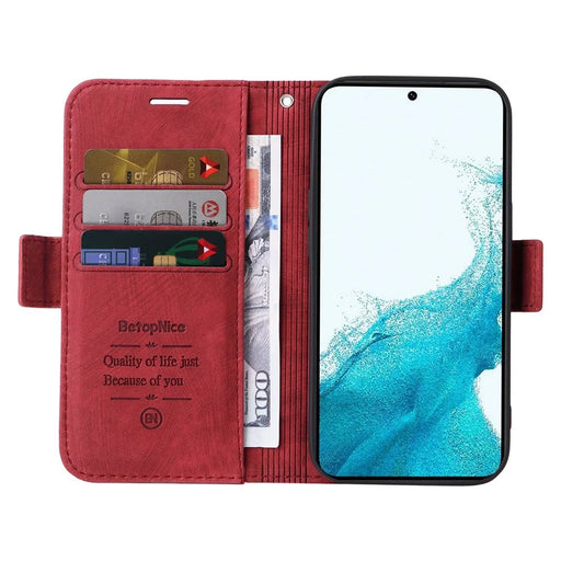 BETOPNICE 001 For Samsung Galaxy S23 PU Leather Phone Case Wallet Stand Imprinted Stitching Line Full Protection Cell Phone Cover - Red - 2