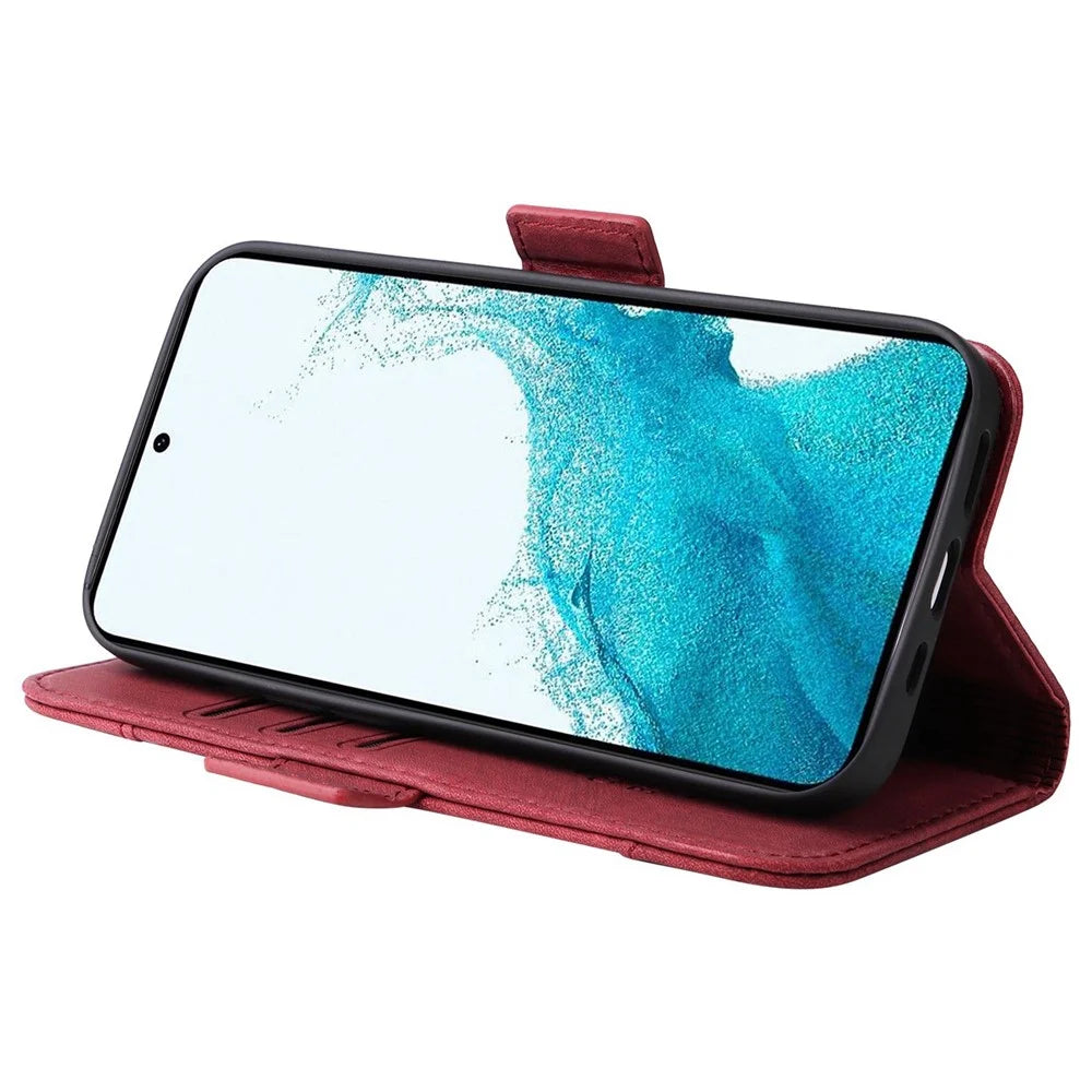 BETOPNICE 001 For Samsung Galaxy S23 PU Leather Phone Case Wallet Stand Imprinted Stitching Line Full Protection Cell Phone Cover - Red - 3
